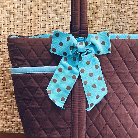 🌟HP🌟NWOT Brown & Blue Polka Dot Quilted Tote Bag by Belvah - Picture 2 of 13